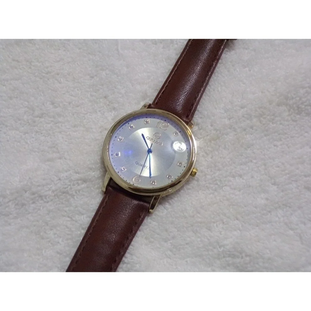 Geridun Men's Leather Band Quartz Watch w/Gold Tones 1 1/2